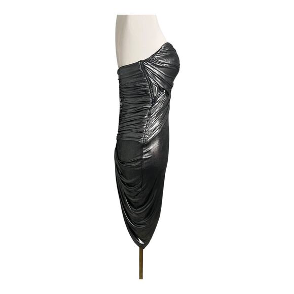 Bebe Pewter Draped Cocktail Dress Party Evening Date Night Out XS Strapless - Picture 2 of 12